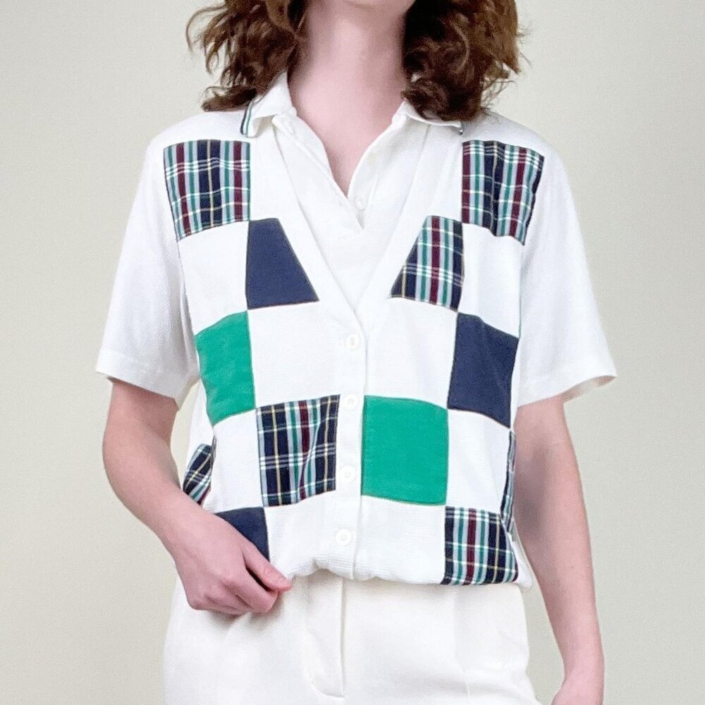 Vintage Preppy Plaid Check Golf Vest Blouse Shirt Polo Top Prep Sporty Old Money